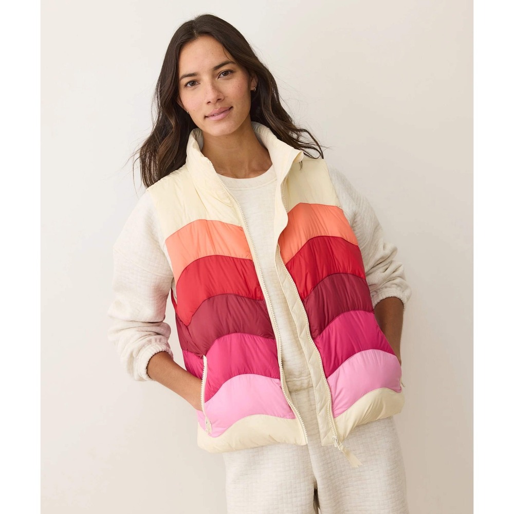 Marine Layer Womens Wavy Chevron Puffer Vest Multi-Color Down Fill Small